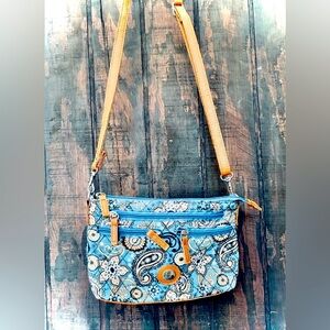 Blue Paisley Crossbody Bag with Tan Trim